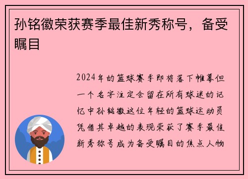 孙铭徽荣获赛季最佳新秀称号，备受瞩目