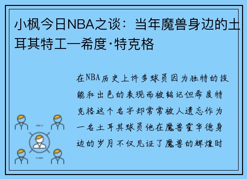 小枫今日NBA之谈：当年魔兽身边的土耳其特工—希度·特克格