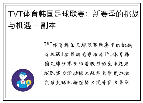 TVT体育韩国足球联赛：新赛季的挑战与机遇 - 副本