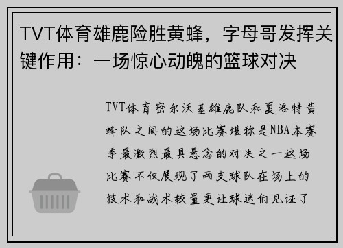TVT体育雄鹿险胜黄蜂，字母哥发挥关键作用：一场惊心动魄的篮球对决