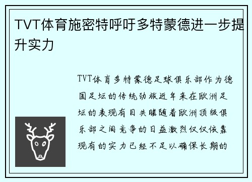 TVT体育施密特呼吁多特蒙德进一步提升实力