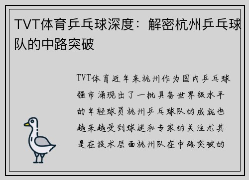 TVT体育乒乓球深度：解密杭州乒乓球队的中路突破